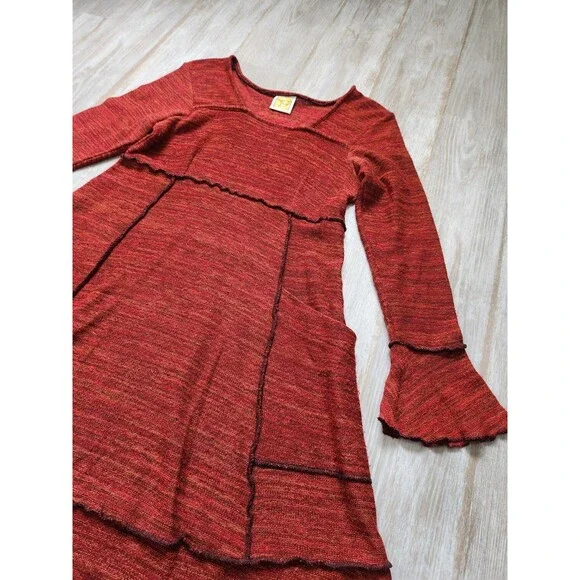 Hand Jive Rust Knit Dress Bell Sleeve Pocket A-Line Boho Artsy Womens L EUC - Picture 3 of 10